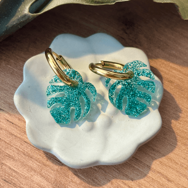 Pampilles mini monstera turquoise pailleté